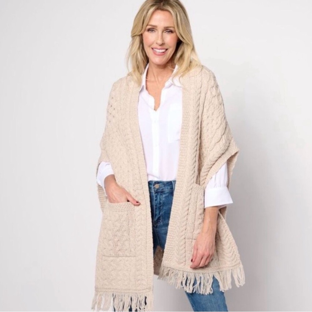 The Irish Store Merino Wool Knit Pocket Shawl Cardigan Fringe Trim Cream OS